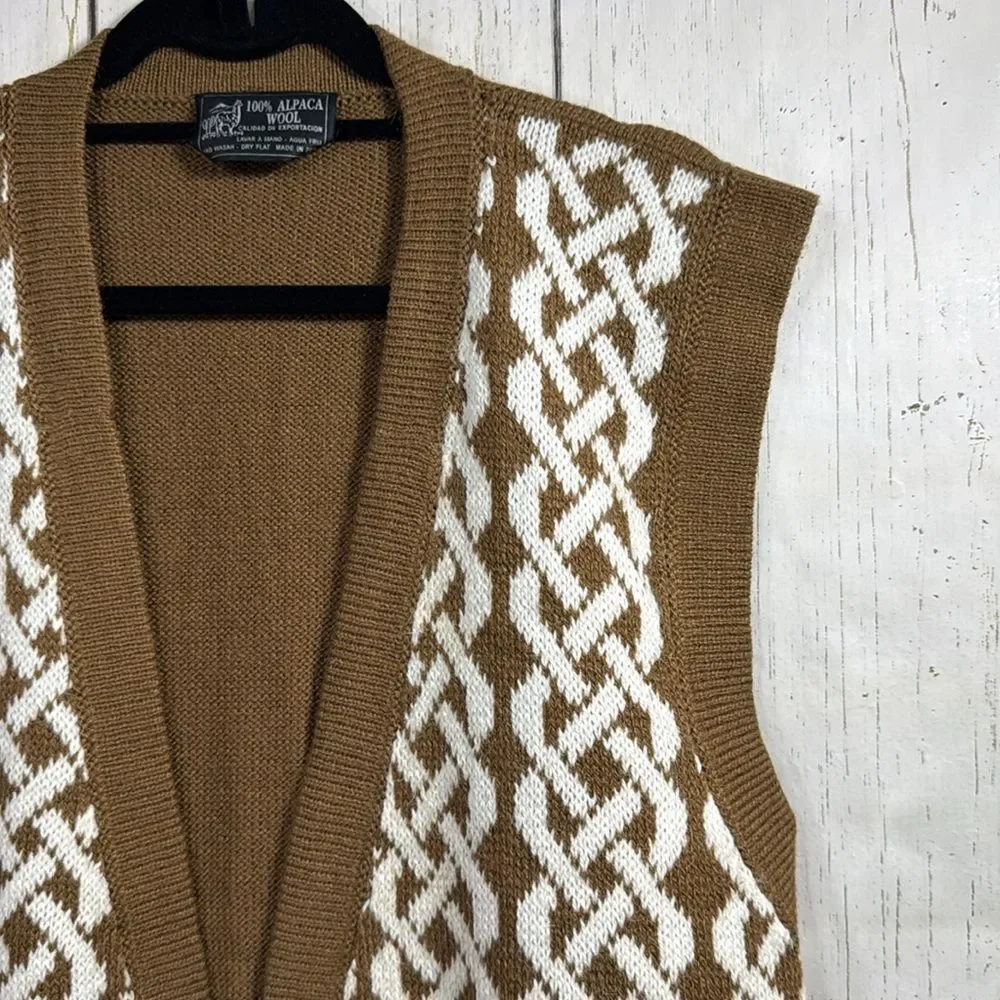 Alpaca Fina Wool 100% Tan Geometric Open Front Womens Peruvian Sweater Vest Cozy